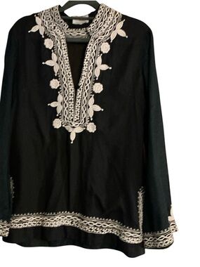 Embroidered V-Neck Tunic Top - Black with White Embroidery